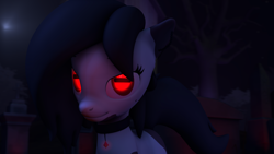 Size: 3840x2160 | Tagged: safe, artist:arrell, oc, oc:madam matilda, pony, 3d, choker, female, glowing eyes, gravestone, graveyard, high res, horizontal pupils, jewelry, looking at you, necklace, night, solo, source filmmaker, spooky