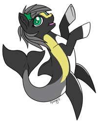Size: 945x1164 | Tagged: safe, artist:papercutpony, oc, oc only, hybrid, merpony, original species, seapony (g4), shark, shark pony, starfish, digital art, dorsal fin, female, fish tail, flowing tail, gray mane, green eyes, open mouth, signature, simple background, smiling, solo, tail, white background