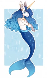 Size: 788x1280 | Tagged: safe, artist:sararini, oc, oc only, merpony, pony, unicorn, blue background, blue eyes, blue mane, fish tail, flowing mane, flowing tail, horn, jewelry, mermaid tail, seaponified, simple background, smiling, solo, species swap, tail, underwater, water
