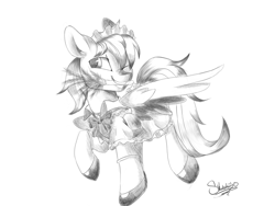 Size: 1600x1200 | Tagged: safe, artist:sketchiix3, oc, oc only, oc:cold front, pegasus, pony, bow, clothes, crossdressing, dress, duster, maid, maid headdress, mouth hold, one eye closed, shoes, smiling, solo, stockings, thigh highs, wink