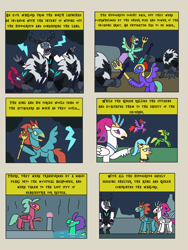 Size: 2448x3264 | Tagged: safe, artist:supahdonarudo, princess skystar, queen novo, storm king, tempest shadow, oc, oc:king waverider, classical hippogriff, hippogriff, seapony (g4), storm creature, unicorn, yeti, comic:the day the mountain fell, g4, my little pony: the movie, cloud, comic, dark clouds, high res, invasion, lightning, pearl, queen novo's orb, spear, storm guard, trident, weapon