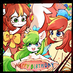 Size: 2048x2048 | Tagged: safe, artist:左左, oc, oc:tea fairy, oc:左左, oc:火云skyfire, earth pony, pegasus, pony, birthday, birthday cake, cake, food, high res
