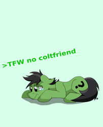 Size: 1588x1957 | Tagged: safe, artist:sefastpone, oc, oc only, oc:anon stallion, earth pony, pony, black mane, crying, digital art, eyebrows, eyebrows visible through hair, gay, green background, green eyes, greentext, lying down, male, male oc, prone, simple background, solo, stallion, teary eyes, text