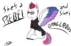 Size: 1830x1200 | Tagged: safe, artist:kiumba, zipp storm, pegasus, pony, g5, billie joe armstrong, green day, outfit, rebel, reference, she's a rebel, simple background, solo, song reference, song reference in the description, wings