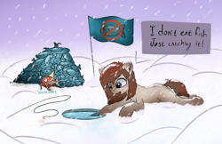 Size: 2666x1729 | Tagged: safe, artist:wevepon3, oc, oc only, fish, magikarp, pony, yakutian horse, fishing, flag, pokémon, snow, snow mare, solo, water