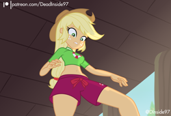 Size: 2800x1900 | Tagged: safe, artist:deadinside97, part of a set, applejack, equestria girls, equestria girls specials, g4, my little pony equestria girls: better together, my little pony equestria girls: forgotten friendship, applejack's hat, beach, belly button, breasts, busty applejack, clothes, cowboy hat, female, hat, legs, lifeguard, midriff, show accurate, solo, swimming trunks, swimsuit