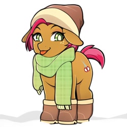 Size: 1040x1040 | Tagged: safe, artist:sugarelement, babs seed, earth pony, pony, g4, :p, boots, clothes, female, filly, floppy ears, hat, scarf, shoes, snow, solo, tongue out, winter outfit