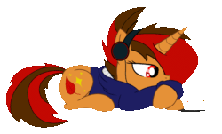 Size: 1200x725 | Tagged: safe, artist:emilz-the-half-demon, oc, oc only, oc:pyre quill, pony, unicorn, animated, gif, headphones, lying down, music, music notes, phone, simple background, solo, transparent background
