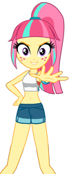Size: 1448x3624 | Tagged: safe, artist:sapphire, derpibooru exclusive, sour sweet, equestria girls, g4, alternate clothes, belly button, clothes, clothes swap, crossover, hot pants, looking at you, midriff, pokémon, simple background, smiling, smiling at you, sports bra, transparent background