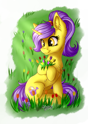 Size: 2894x4093 | Tagged: safe, artist:julunis14, oc, oc only, oc:tulipan, pony, unicorn, bouquet, chest fluff, commissioner:luxorianin, cute, ear fluff, female, flower, flower in hair, ponytail, simple background, solo, transparent background, tulip