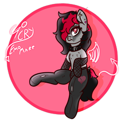 Size: 1054x1053 | Tagged: safe, artist:lazerblues, oc, oc only, oc:miss eri, earth pony, pony, black and red mane, clothes, collar, ear piercing, makeup, pantyhose, piercing, running makeup, simple background, solo, transparent background, two toned mane