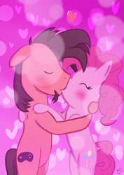 Size: 2090x2953 | Tagged: safe, artist:ace play, pinkie pie, oc, oc:ace play, earth pony, pony, g4, bipedal, bipedal leaning, blushing, canon x oc, embrace, eyes closed, facial hair, female, goatee, heart, high res, kissing, leaning, male, pinkieplay, shipping, straight