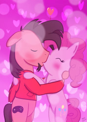 Size: 2090x2953 | Tagged: safe, alternate version, artist:ace play, pinkie pie, oc, oc:ace play, earth pony, pony, g4, bipedal, bipedal leaning, blushing, canon x oc, clothes, embrace, eyes closed, facial hair, female, goatee, heart, high res, hoodie, kissing, leaning, male, pinkieplay, shipping, straight