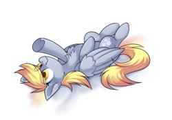 Size: 1271x883 | Tagged: safe, artist:scarlet-spectrum, derpy hooves, pegasus, pony, g4, chest fluff, cute, derpabetes, eye clipping through hair, female, lying down, mare, on back, reaching, simple background, solo, white background