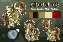 Size: 705x472 | Tagged: safe, artist:redpalette, oc, oc:albotakoie, alicorn, alien, pony, abstract background, alicorn oc, body markings, commission, cutie mark, flying, horn, outline, rear view, reference sheet, side view, smiling, spread wings, spread wingsfangs, stripes, white outline, wings
