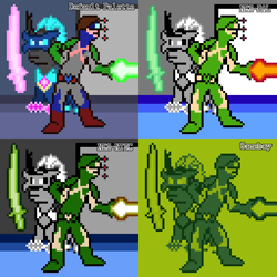 Size: 512x512 | Tagged: safe, artist:derek the metagamer, ocellus, radiance, changeling, human, g4, aseprite, city of heroes, city of heroes going rogue, dirk fission, energy beam, fight, game boy, nintendo entertainment system, palette swap, pixel art, power ponies, pre changedling ocellus, recolor, superhero, sword, weapon