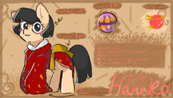 Size: 1280x720 | Tagged: safe, artist:metaruscarlet, oc, oc only, oc:hanako (ice1517), earth pony, pony, ball, clothes, female, filly, kimono (clothing), reference sheet, solo