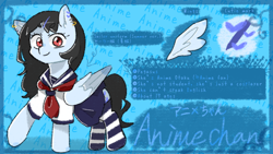 Size: 1280x720 | Tagged: safe, artist:metaruscarlet, oc, oc only, oc:anime-chan, pegasus, pony, clothes, ear piercing, earring, jewelry, necktie, piercing, raised hoof, reference sheet, sailor uniform, school uniform, shirt, skirt, socks, solo, striped socks, uniform