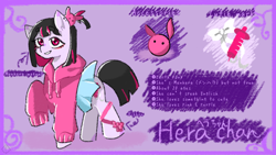 Size: 1280x720 | Tagged: safe, artist:metaruscarlet, oc, oc only, oc:hera-chan, earth pony, pony, bags under eyes, clothes, ear piercing, earring, female, grin, hoodie, jewelry, mare, piercing, raised hoof, reference sheet, ribbon, skirt, smiling, solo
