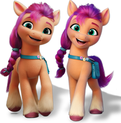 Size: 655x665 | Tagged: safe, sunny starscout, earth pony, pony, g5, my little pony: a new generation, official, badge, bag, comparison, female, looking at you, mare, satchel, shadow, simple background, solo, transparent background