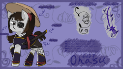 Size: 1280x720 | Tagged: safe, artist:metaruscarlet, oc, oc only, oc:ohasu, earth pony, pony, armor, asian conical hat, belt, boots, clothes, eye scar, eyepatch, female, hat, katana, mare, ponytail, raised hoof, reference sheet, scar, shirt, shoes, skirt, solo, sword, tattoo, weapon