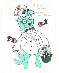 Size: 595x736 | Tagged: safe, artist:jargon scott, lyra heartstrings, alicorn, pony, g4, basket, bowtie, clothes, expensive imported oats, female, food, hoof hold, l.u.l.s., mare, oats, psychonauts, simple background, solo, that pony sure does love oats, this will end in chaos, uniform, white background