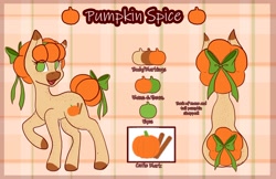 Size: 1280x829 | Tagged: safe, artist:mscolorsplash, oc, oc only, oc:pumpkin spice, oc:pumpkin spice (mscolorsplash), earth pony, pony, bow, coat markings, female, freckles, hair bow, mare, no pupils, reference sheet, solo, tail bow, tail bun