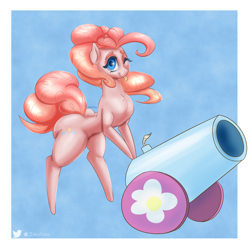 Size: 2500x2500 | Tagged: safe, artist:inkypuso, pinkie pie, earth pony, pony, g4, ;p, balloonbutt, bipedal, bipedal leaning, butt, female, high res, leaning, mare, one eye closed, party cannon, plot, solo, thighs, thunder thighs, tongue out, wink