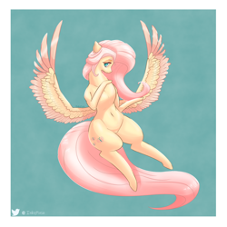 Size: 2500x2500 | Tagged: safe, artist:inkypuso, fluttershy, pegasus, pony, g4, belly button, bottom heavy, cute, daaaaaaaaaaaw, female, high res, looking away, mare, pubic mound, shyabetes, solo, spread wings, wide hips, wings