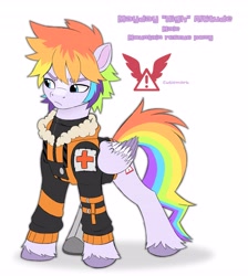 Size: 3669x4096 | Tagged: safe, artist:beatlinked, oc, oc only, pegasus, pony, g5, clothes, determined look, folded wings, jacket, male, multicolored hair, rainbow hair, rainbow tail, solo, stallion, tail, unshorn fetlocks, wings
