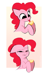 Size: 1523x2313 | Tagged: safe, artist:syrupyyy, pinkie pie, earth pony, pony, 3:, :p, :t, adorable distress, cute, diapinkes, do not want, faic, female, floppy ears, food, frown, hoof hold, lemon, licking, lidded eyes, mare, meme, mlem, no catchlights, no pupils, scrunchy face, silly, silly pony, smiling, solo, tongue out