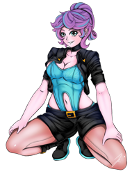 Size: 1280x1680 | Tagged: safe, artist:jennobasilicum, princess flurry heart, equestria girls, g4, alternate hairstyle, belly button, belt, boots, choker, clothes, corset, equestria girls-ified, female, grin, jacket, leather jacket, midriff, older, older flurry heart, shoes, shorts, simple background, smiling, solo, transparent background