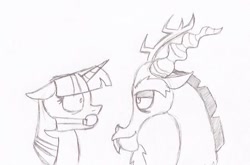 Size: 451x298 | Tagged: safe, artist:gagpal3, discord, twilight sparkle, alicorn, draconequus, pony, g4, ballgag, bust, dubious consent, duo, female, floppy ears, gag, looking at each other, male, mare, monochrome, portrait, simple background, sketch, smiling, smirk, traditional art, twilight sparkle (alicorn), white background