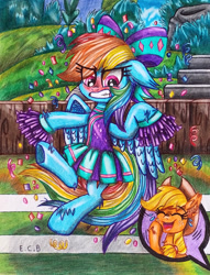 Size: 1280x1679 | Tagged: safe, artist:estrellasombria, applejack, rainbow dash, pony, g4, blushing, bow, cheerleader, cheerleader outfit, cheerleader rainbow dash, clothes, colored pencil drawing, embarrassed, gritted teeth, laughing, rainbow dash always dresses in style, skirt, traditional art