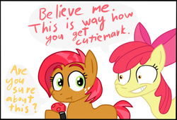 Size: 1024x697 | Tagged: dead source, safe, artist:gagpal3, apple bloom, babs seed, earth pony, pony, g4, :t, ballgag, blank flank, blatant lies, cousins, dialogue, duo, duo female, female, filly, freckles, gag, grin, imminent incest, shrunken pupils, smiling, this will end in tree sap