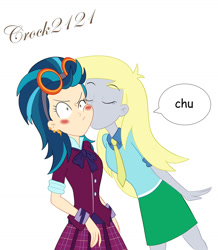 Size: 1280x1469 | Tagged: safe, artist:crock2121, derpy hooves, indigo zap, equestria girls, g4, blushing, clothes, crack shipping, crystal prep academy uniform, derpyzap, duo, duo female, ear piercing, female, goggles, lesbian, piercing, school uniform, shipping, simple background