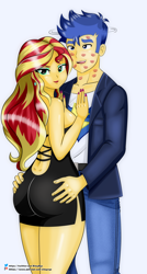 Size: 1500x2800 | Tagged: safe, artist:chuyryu, flash sentry, sunset shimmer, equestria girls, g4, 2 handfuls of dat ass, ass, bare shoulders, black dress, breasts, bunset shimmer, busty sunset shimmer, butt, clothes, covered in kisses, dress, ear piercing, earring, female, grabbing, jewelry, kiss mark, lipstick, little black dress, male, piercing, sexy, ship:flashimmer, shipping, sideboob, sleeveless, straight
