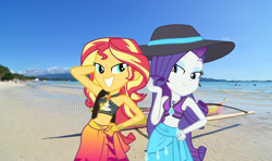 Size: 2331x1380 | Tagged: safe, artist:nathanamiel, rarity, sunset shimmer, human, pony, equestria girls, equestria girls specials, g4, my little pony equestria girls: better together, my little pony equestria girls: forgotten friendship, beach, belly button, bikini, clothes, duo, duo female, female, hat, irl, photo, ponies in real life, sarong, summer, sun hat, swimsuit