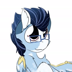 Size: 2362x2362 | Tagged: source needed, safe, artist:jubyskylines, oc, oc only, oc:soaring spirit, pegasus, pony, armor, blaze (coat marking), chest fluff, coat markings, colored wings, ear fluff, facial markings, fluffy, glasses, high res, male, markings, pegasus oc, shoulder fluff, simple background, smiling, socks (coat markings), solo, stallion, white background, wing armor, wing brace, wings