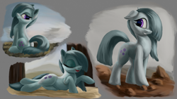 Size: 4000x2250 | Tagged: safe, artist:flusanix, marble pie, earth pony, pony, g4, cute, eyes closed, female, high res, lying down, marblebetes, mare, prone, smiling, solo