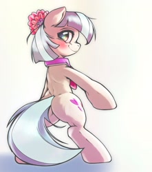 Size: 1814x2048 | Tagged: safe, artist:kurogewapony, coco pommel, earth pony, pony, g4, bipedal, blushing, butt, cocobetes, cute, female, looking back, mare, plot, profile, simple background, smiling, solo