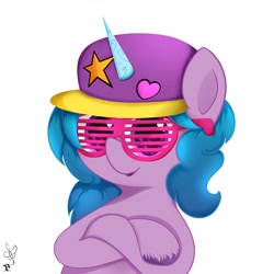 Size: 2000x2000 | Tagged: safe, artist:daftramms, izzy moonbow, pony, g5, spoiler:g5, baseball cap, cap, crossed hooves, hat, high res, izzy the rapper, rapper, shutter shades, simple background, solo, sunglasses, white background