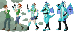 Size: 7220x3050 | Tagged: safe, artist:siblgi, princess ember, dragon, human, g4, balding, biohazard, boots, clothes, cloud, gloves, hand on hip, hazmat suit, human to dragon, living suit, male to female, radioactive, rule 63, shoes, transformation, transformation sequence, transgender transformation, wing growth, zipper