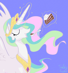 Size: 1422x1528 | Tagged: safe, artist:saltycube, derpibooru exclusive, princess celestia, alicorn, pony, g4, abstract background, cake, cakelestia, eating, eyes closed, female, food, herbivore, magic, mare, open mouth, solo, spoon