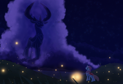 Size: 1280x877 | Tagged: safe, artist:bearmation, ocellus, thorax, changedling, changeling, firefly (insect), ghost, insect, undead, g4, cloud, duo, female, king thorax, looking up, male, night, remember who you are, the lion king