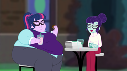 Size: 2560x1440 | Tagged: safe, artist:neongothic, rosette nebula, sci-twi, twilight sparkle, equestria girls, bbw, belly, big belly, bingo wings, breasts, chubby cheeks, coffee, donut, double chin, eyes closed, fat, fat ass, fat boobs, fat fetish, fetish, food, morbidly obese, obese, sci-twilard, smiling, ssbbw, story included, thighs, thunder thighs, twilard sparkle, weight gain
