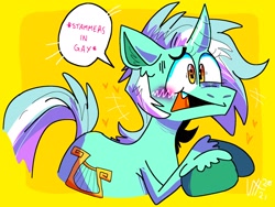 Size: 2048x1536 | Tagged: safe, artist:icky_slicky, lyra heartstrings, pony, unicorn, g4, blushing, colored hooves, curved horn, dialogue, dork, heart, horn, open mouth, solo, trolling, unshorn fetlocks