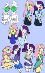 Size: 800x1280 | Tagged: safe, artist:mintymelody, fluttershy, rarity, anthro, g4, bathrobe, blue background, clothes, covering eyes, dress, female, lesbian, lipstick, mud mask, robe, ship:flarity, shipping, simple background, towel, towel on head