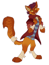 Size: 960x1280 | Tagged: safe, artist:faunsipaws, capper dapperpaws, abyssinian, g4, arm wraps, chest fluff, clothes, leg wraps, male, redesign, simple background, solo, tail, tail wrap, transparent background