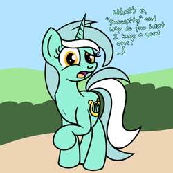 Size: 2000x2000 | Tagged: safe, artist:dafiltafish, lyra heartstrings, pony, unicorn, g4, confused, dialogue, female, high res, looking at you, mare, open mouth, raised hoof, snowpity, solo, text
